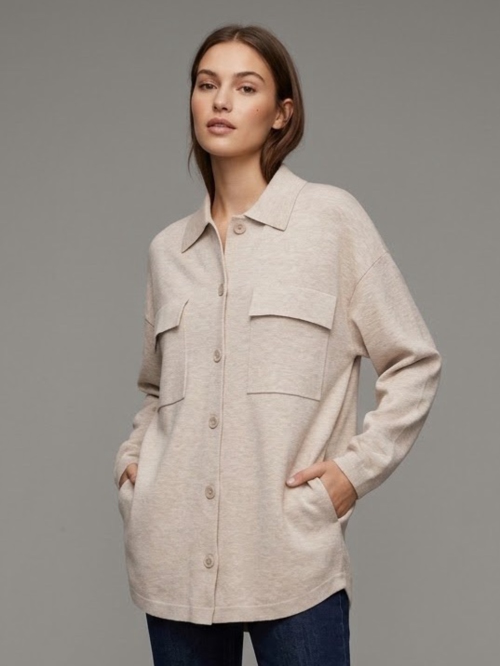 Aritzia Wilfred Free Ronnie Sweater Knit Shirt Jacket Beige M